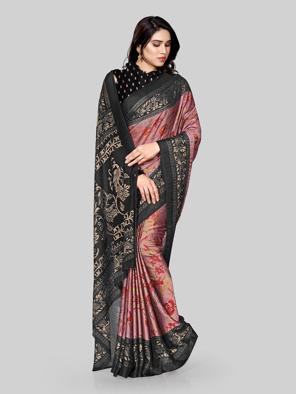 Kalini Pink & Black Floral Saree - Distacart