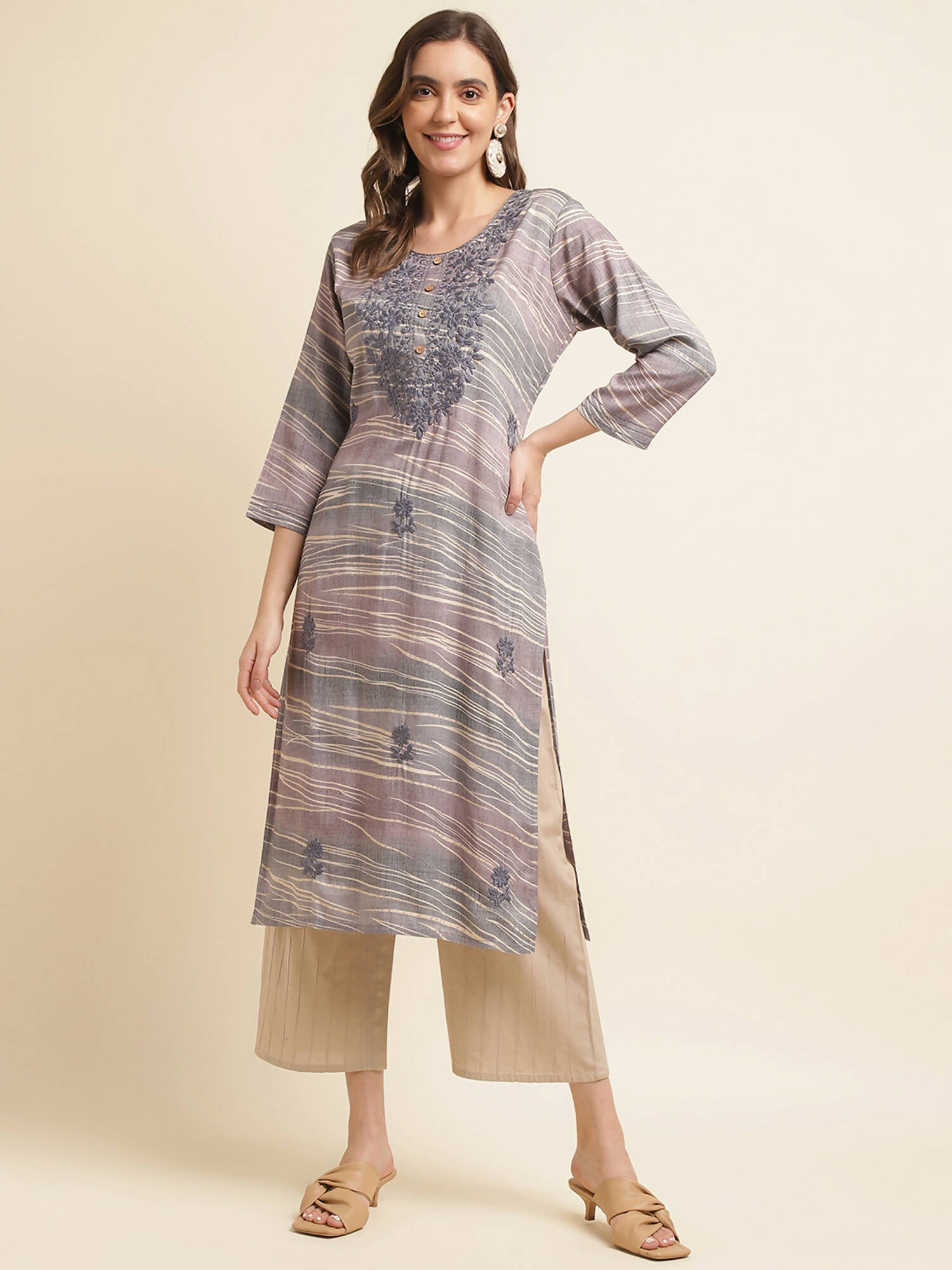 Grey Poly Rayon Stripe Printed Straight Fit Kurta - Prasuti - Distacart