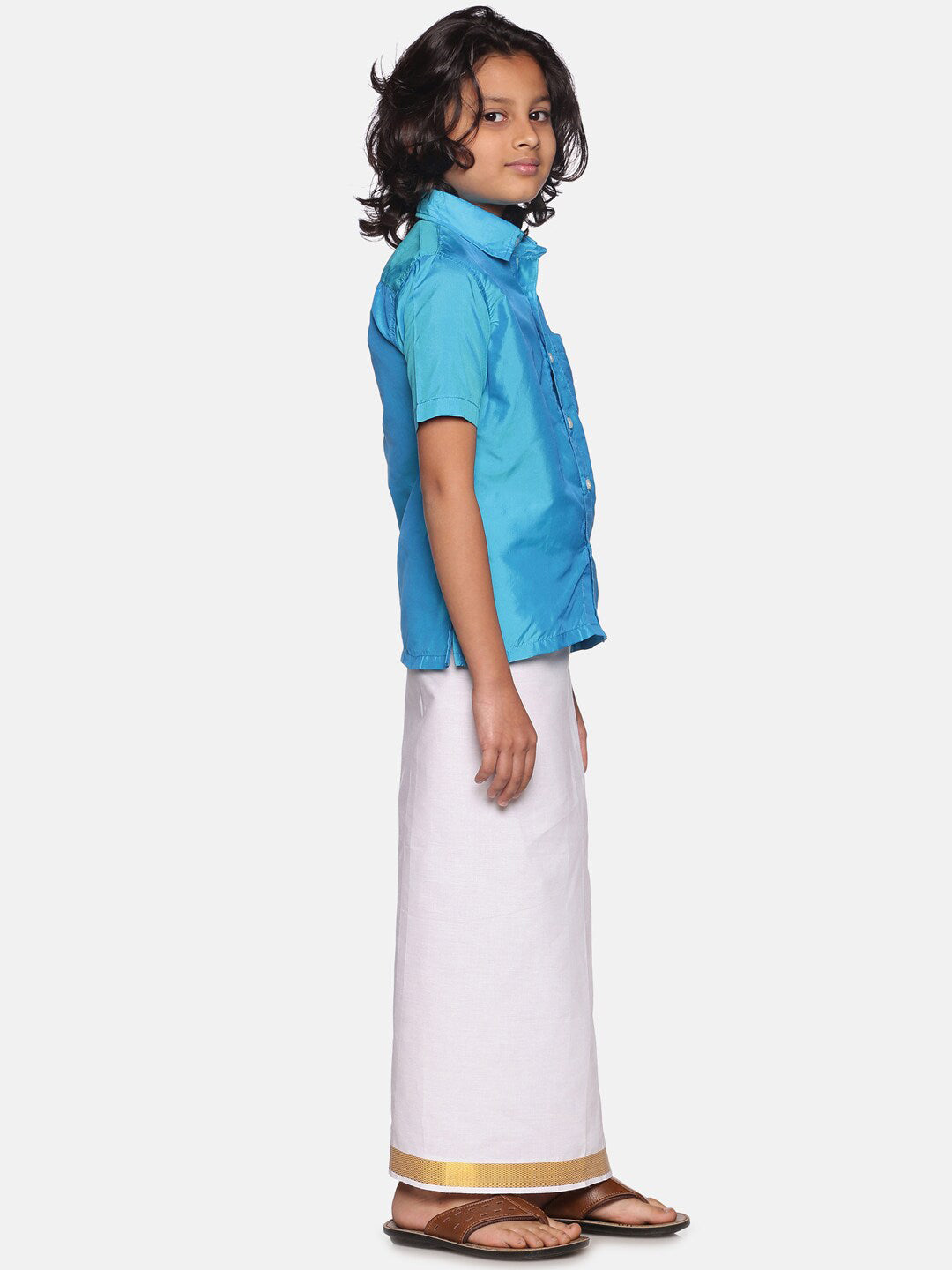 Sethukrishna Boys Turquoise Blue & White Solid Cotton Shirt & Dhoti Set - Distacart