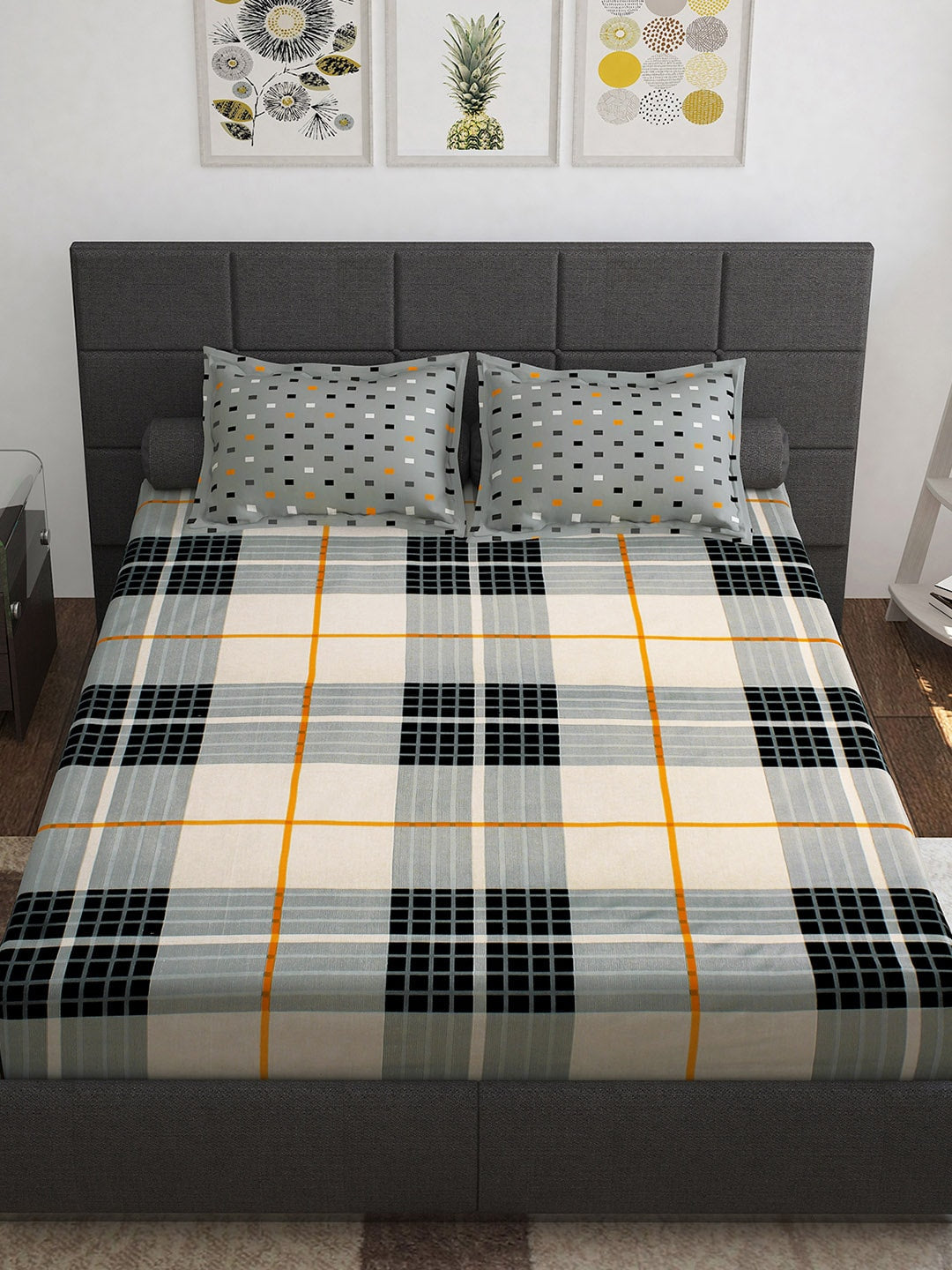 Story@home White & Grey Geometric Cotton 152 TC Queen Bedsheet With 2 Pillow Covers - Distacart