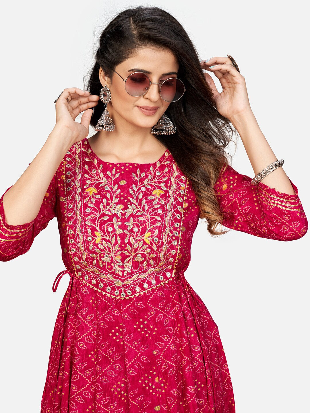 Kalini Women Pink Bandhani Printed Mirror Work Anarkali Kurta - Distacart