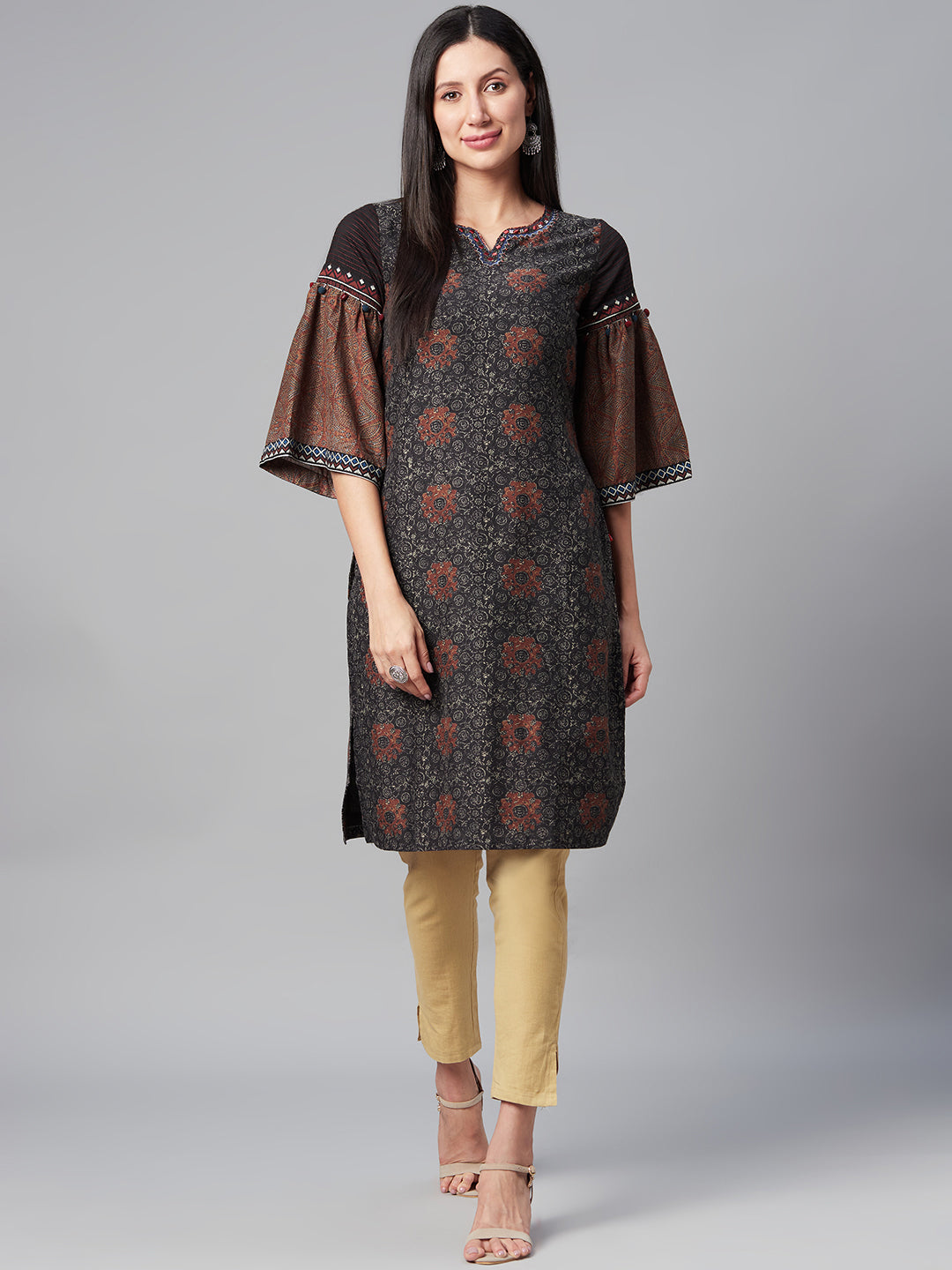 Biba Women Charcoal Grey & Beige Bell Sleeves Printed Kurta - Distacart