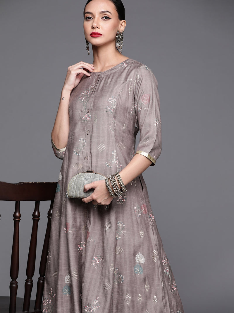 Libas Grey &amp; Golden Ethnic Motifs Printed A-line Kurta with Pocket - Distacart