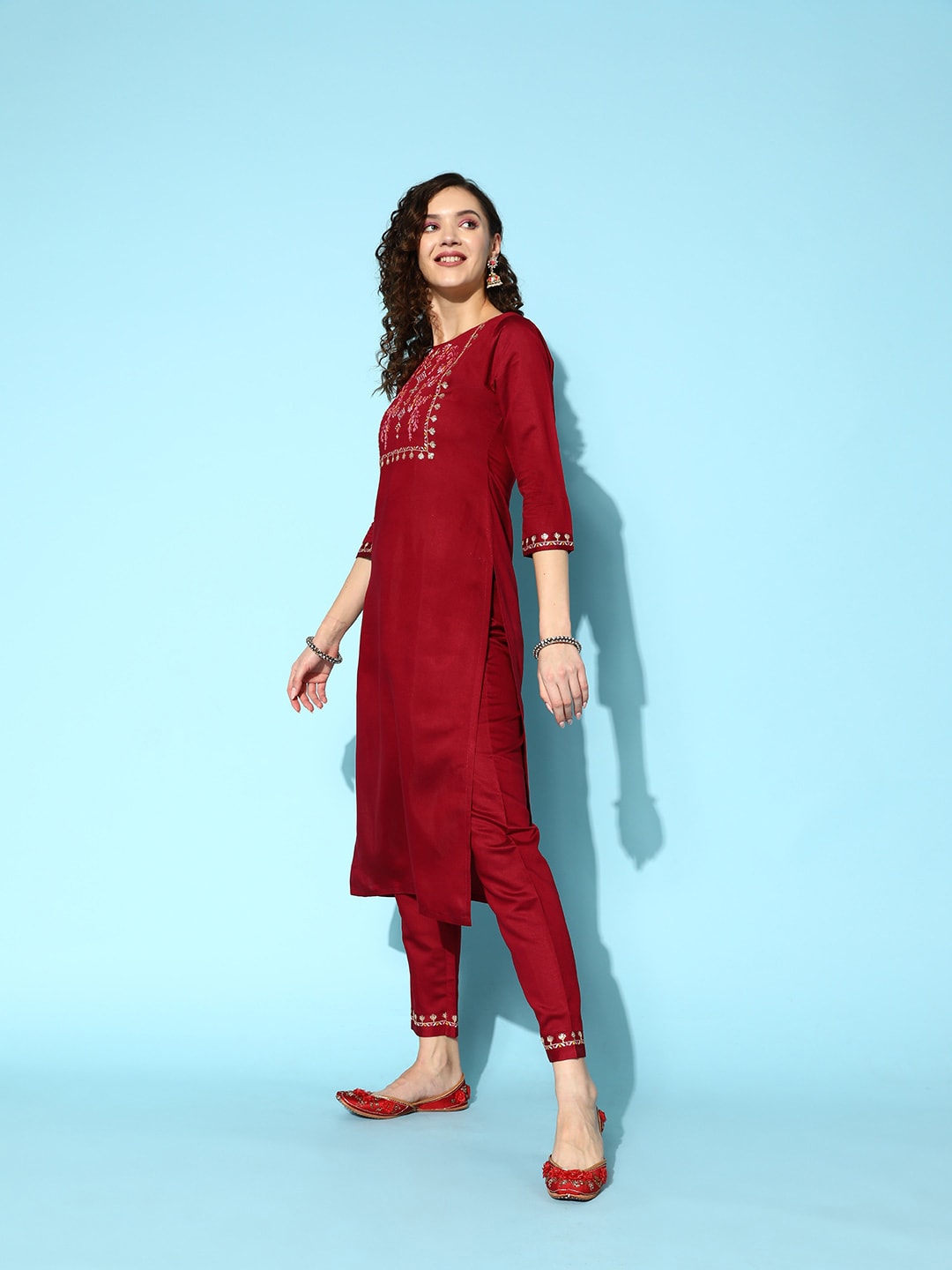Sangria Embroidered Thread Work Kurta with Trousers & With Dupatta - Distacart