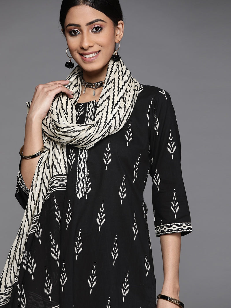 Libas Black Floral Printed Pure Cotton Kurta with Salwar &amp; With Dupatta - Distacart