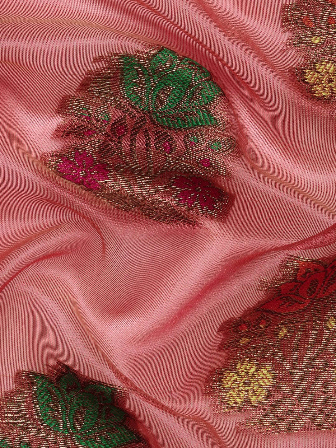 Mitera Pink & Green Floral Zari Organza Kanjeevaram Saree - Distacart