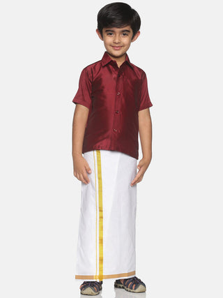 Sethukrishna Maroon & White Solid Shirt and Veshti Set For Boys - Distacart