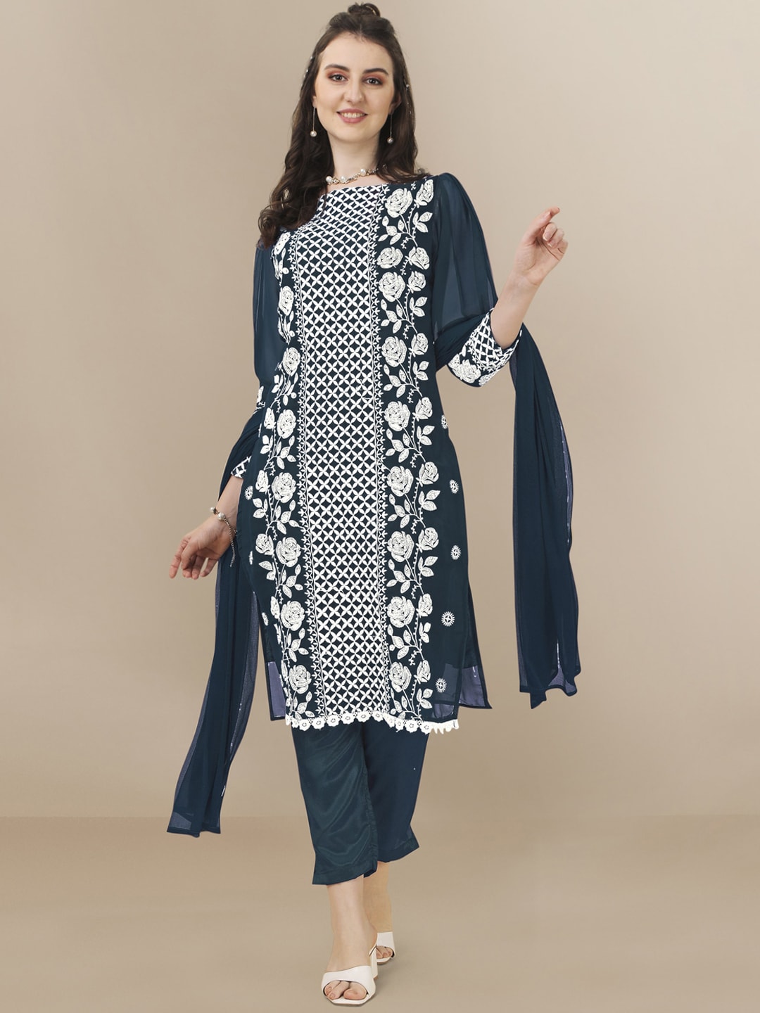 HERE&NOW Floral Embroidered Chikankari Kurta with Trousers & Dupatta - Distacart