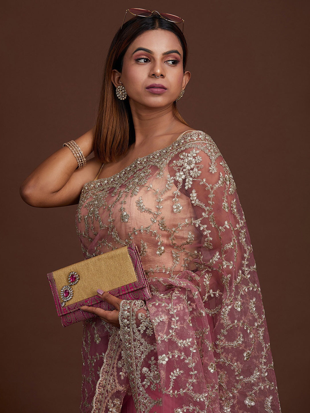 Koskii Pink & Silver-Toned Floral Zari Supernet Saree - Distacart
