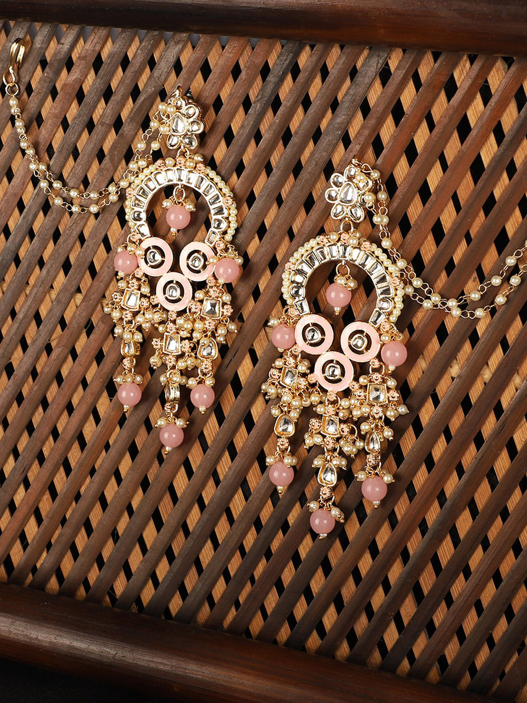 Anikas Creation Pink & Gold-Plated Kundan Contemporary Chandbalis With Ear Chain Earrings - Distacart