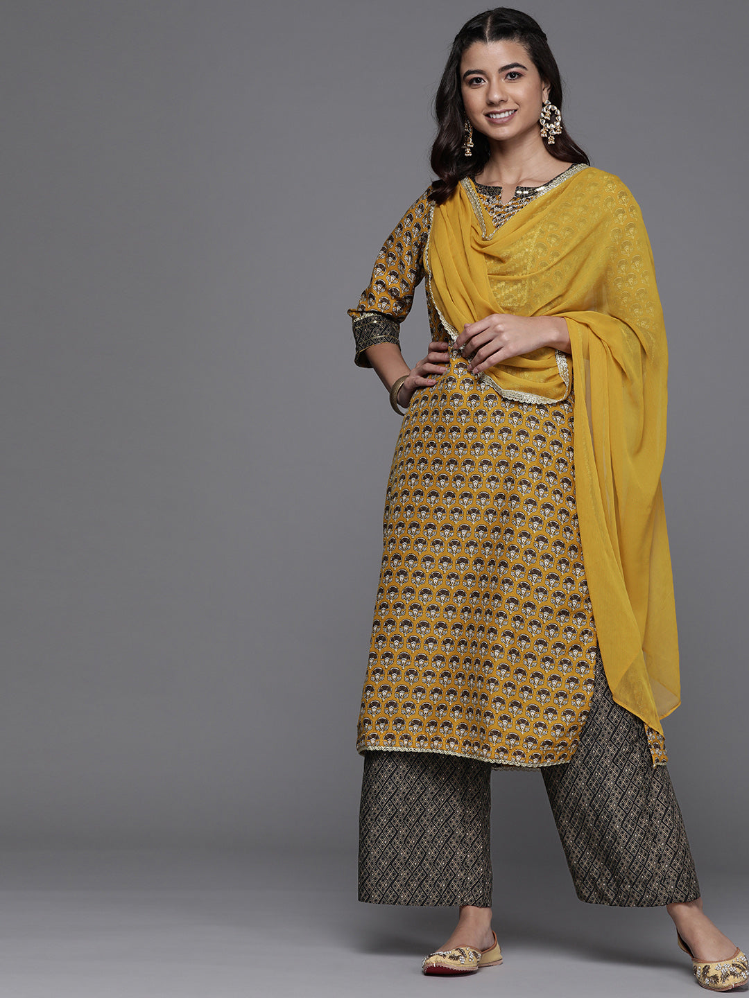 Biba Women Yellow Floral Printed Regular Kurta with Palazzos & With Dupatta - Distacart