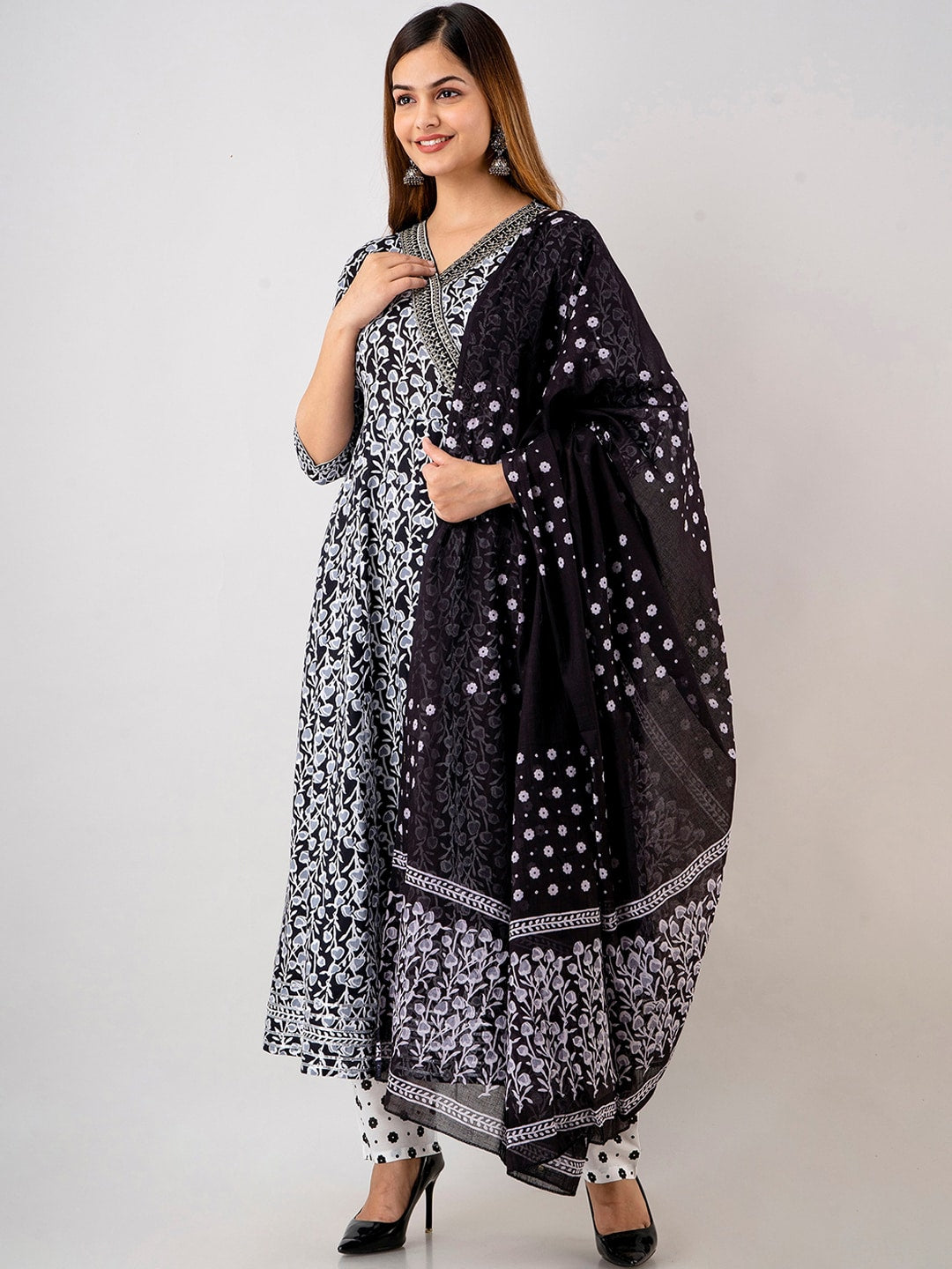 Kalini Women Floral Printed Angrakha Pure Cotton Kurta with Trousers & With Dupatta - Distacart