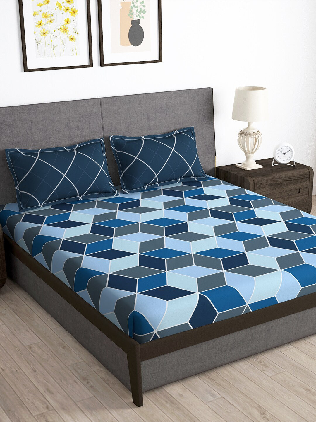 Story@home Arena Blue & Grey Geometric Printed 180 TC Queen Bedsheet & 2 Pillow Covers - Distacart