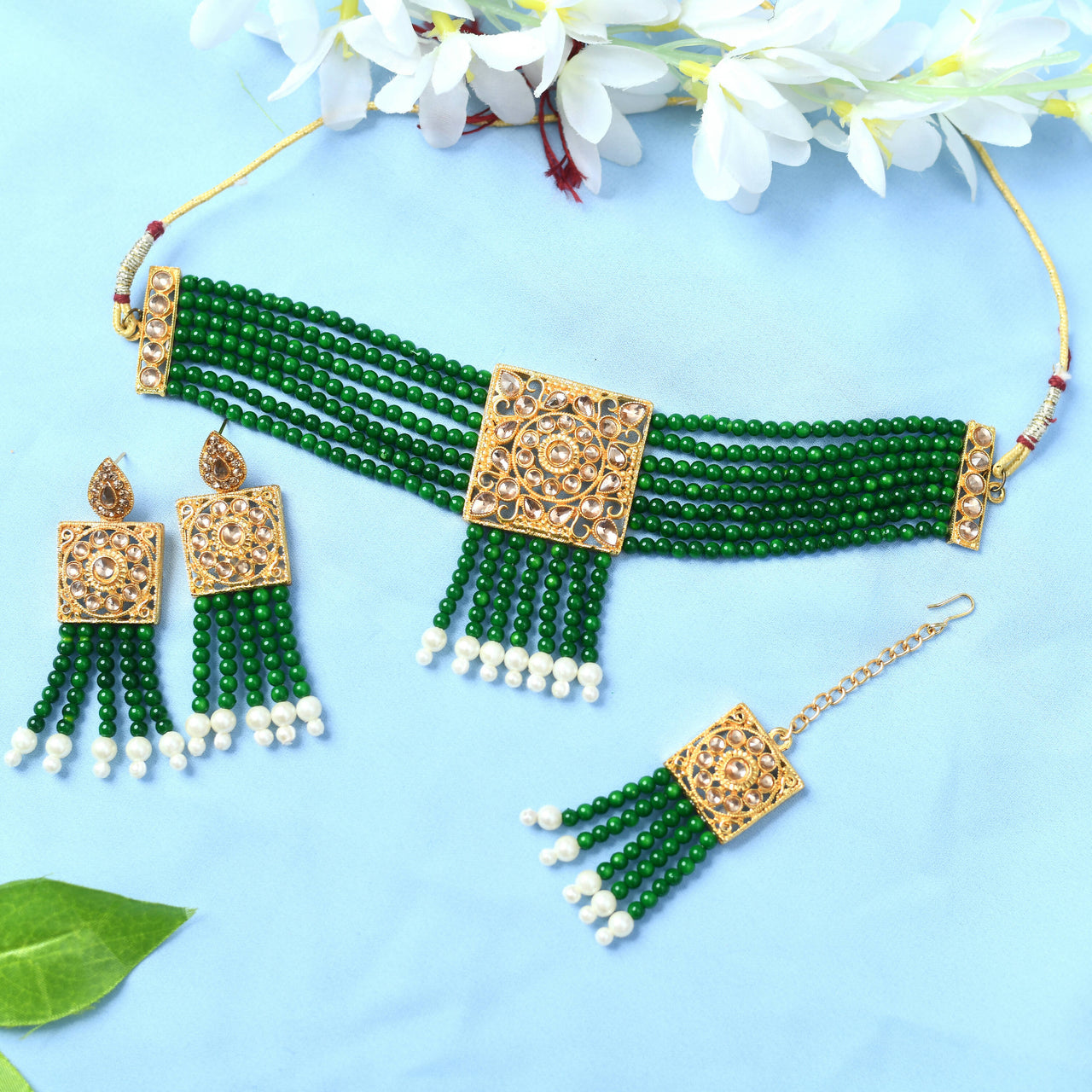 Mominos Fashion Johar Kamal Gold-Plated Kundan & Pearls Necklace Green/Golden Color Choker Set - Distacart