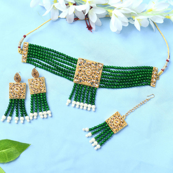 Mominos Fashion Johar Kamal Gold-Plated Kundan & Pearls Necklace Green/Golden Color Choker Set - Distacart
