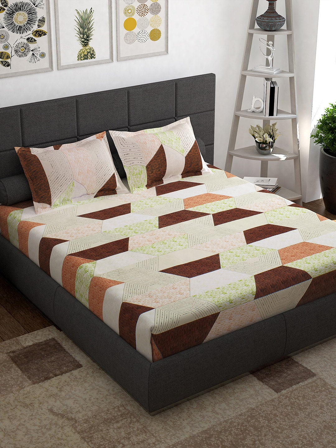 Story@home Cream-Coloured Geometric 152 TC Cotton 1 Queen Bedsheet with 2 Pillow Covers - Distacart