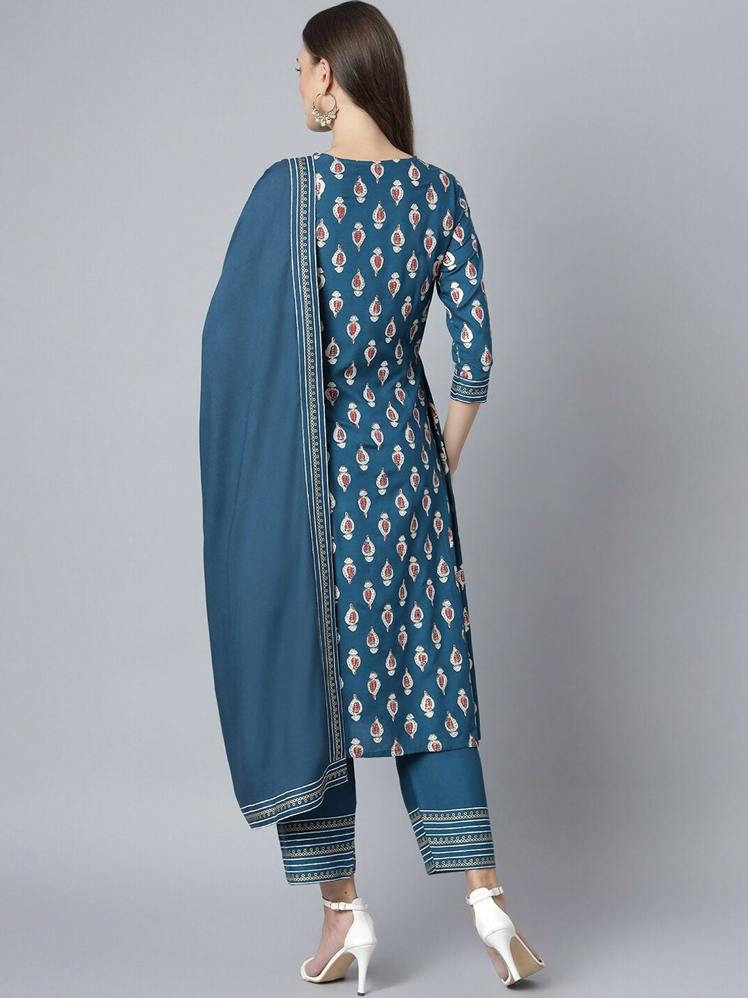 Khushal K Ethnic Motifs Printed Keyhole Neck Kurta with Palazzos & Dupatta - Distacart