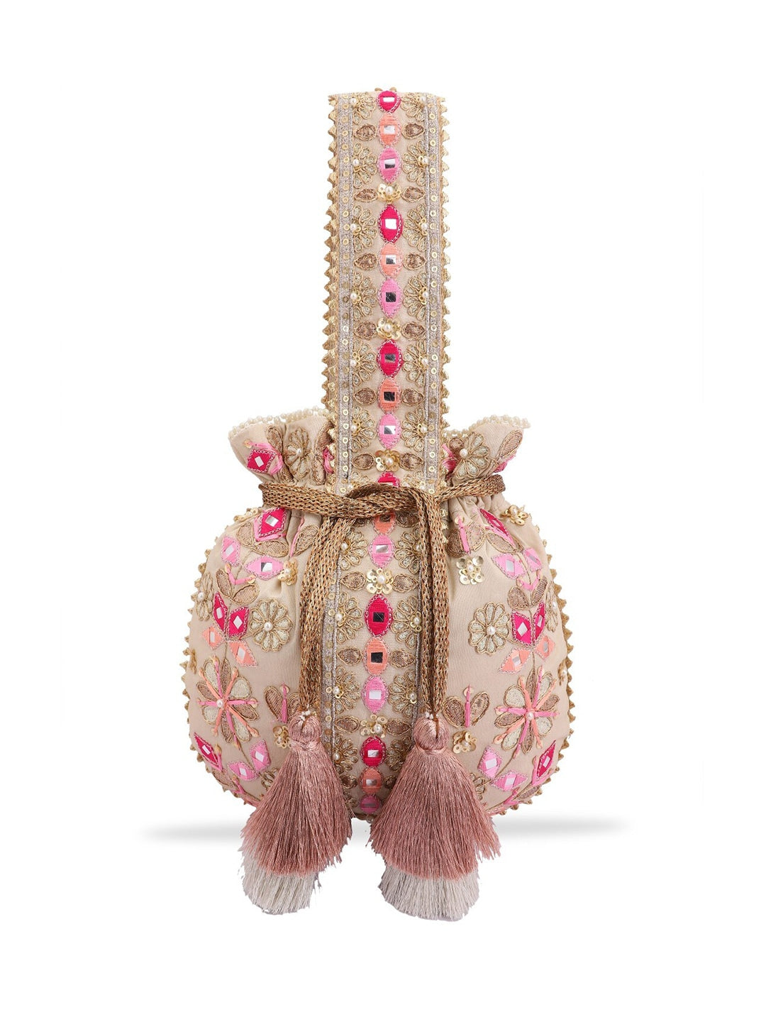 Masq Beige & Pink Embroidered Potli Clutch - Distacart