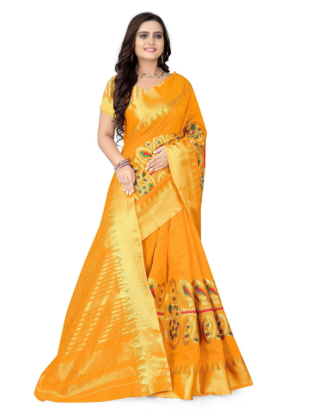 Kalini Yellow & Gold-Toned Woven Design Zari Silk Cotton Bagh Saree - Distacart