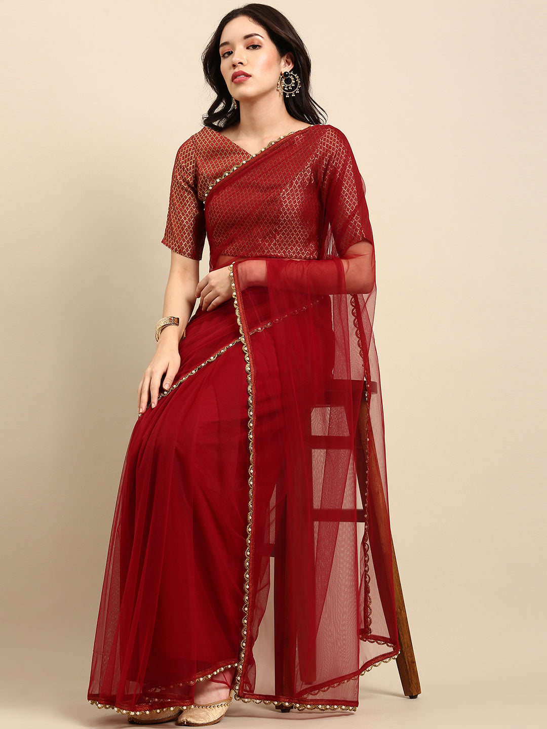 Sangria Maroon Beads and Stones Net Saree - Distacart