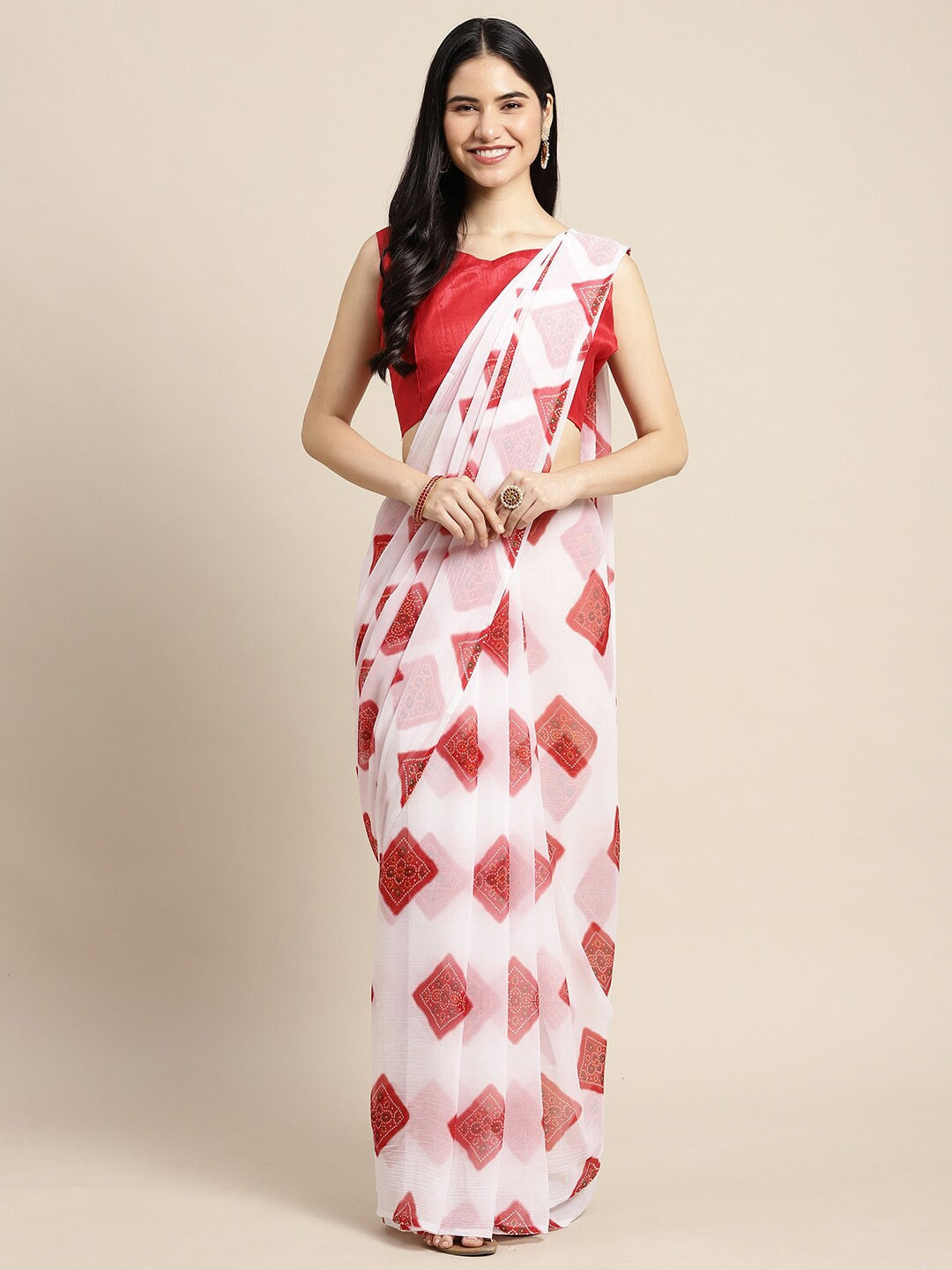 Saree Mall Women White & Red Printed Poly Chiffon Bandhani Saree With Matching Blouse - Distacart