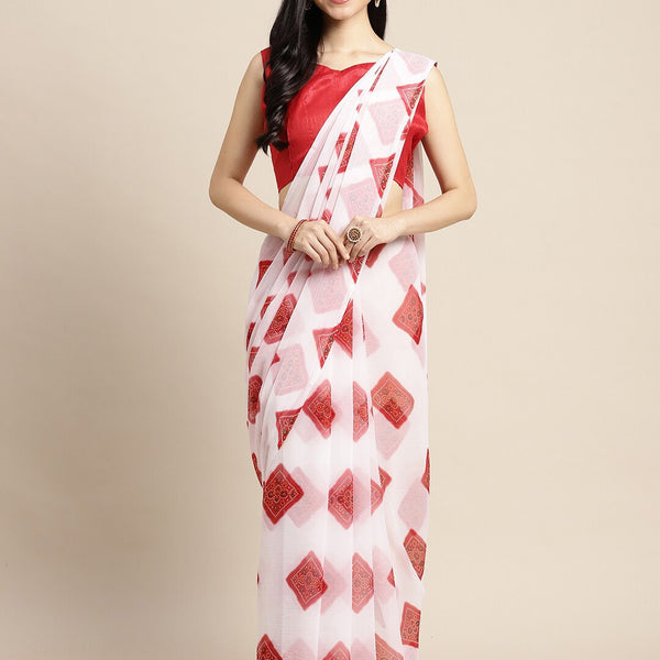 Saree Mall Women White & Red Printed Poly Chiffon Bandhani Saree With Matching Blouse - Distacart