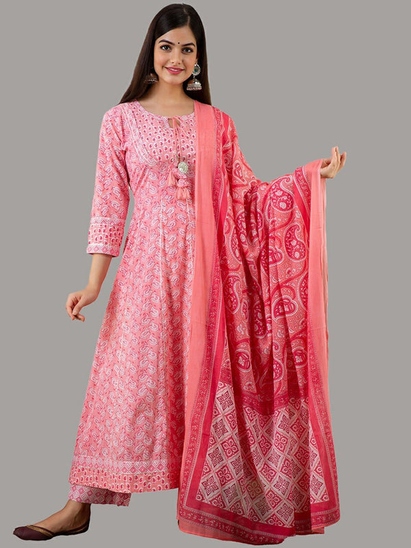Kalini Women Pink Floral Printed Empire Pure Cotton Kurta & Trousers With Dupatta - Distacart