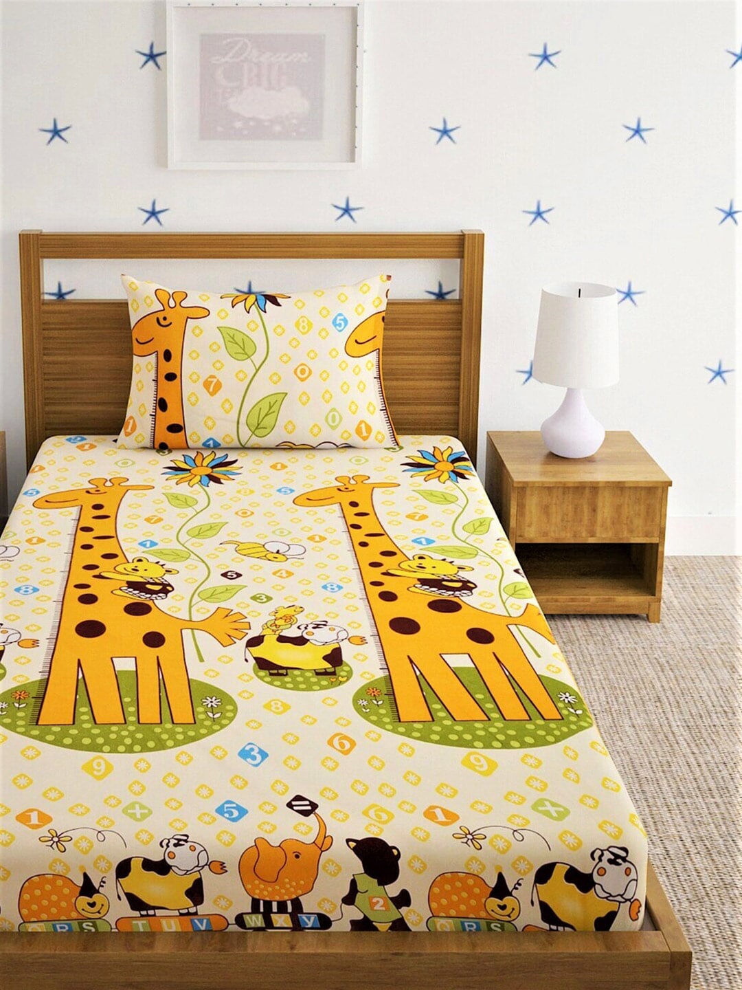Home Sizzler Yellow & Orange Cartoon Characters 210 TC Single Bedsheet with 1 Pillow Covers - Distacart