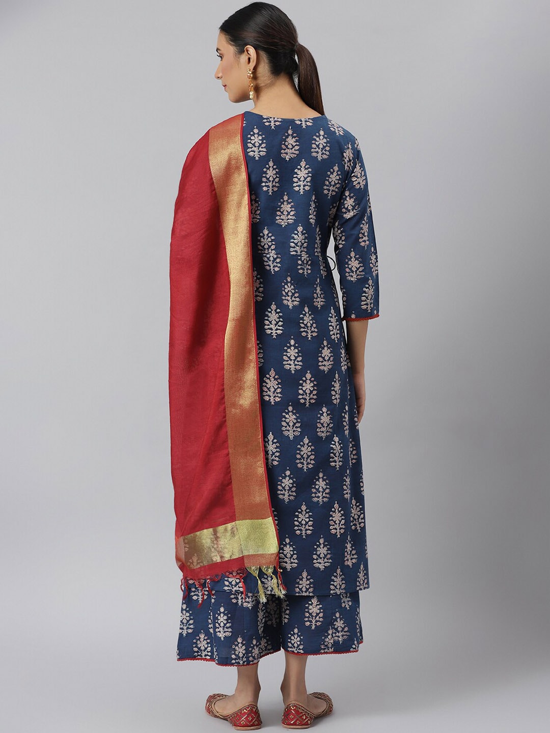 Khushal K Women Blue Floral Printed Pure Cotton Kurta with Palazzos & With Dupatta - Distacart