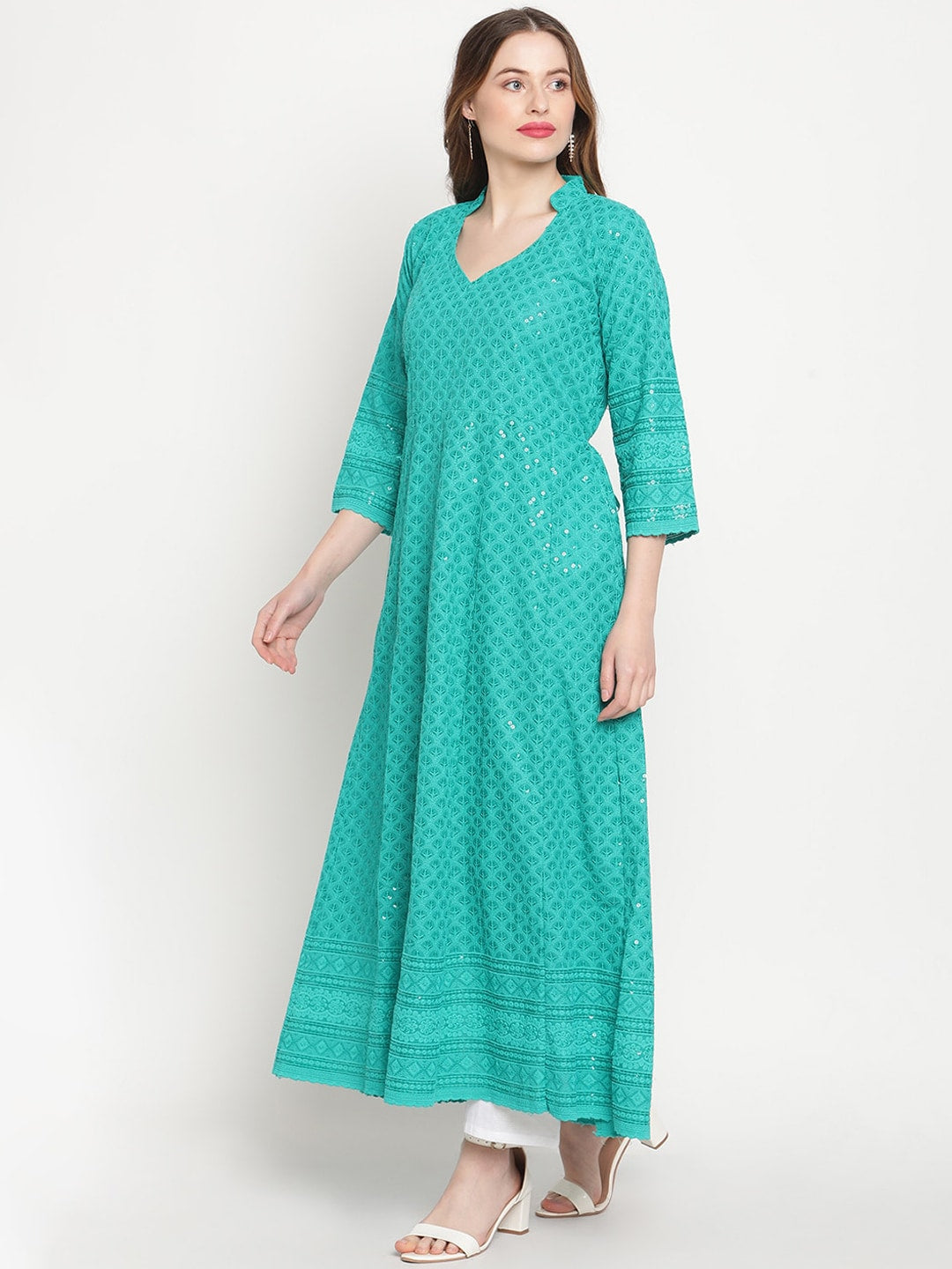 Kalini Chikankari Embroidered Pure Cotton Anarkali Kurta - Distacart