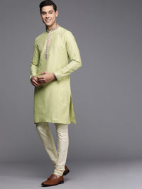 Thumbnail for Manyavar Men Green & Off-White Solid Kurta & Churidar with Nehru Jacket - Distacart