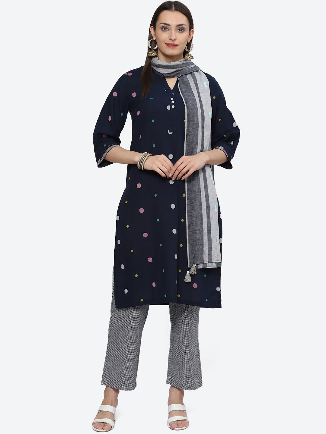 Biba Geometric Printed Mandarin Collar Kurta with Trousers & Dupatta - Distacart