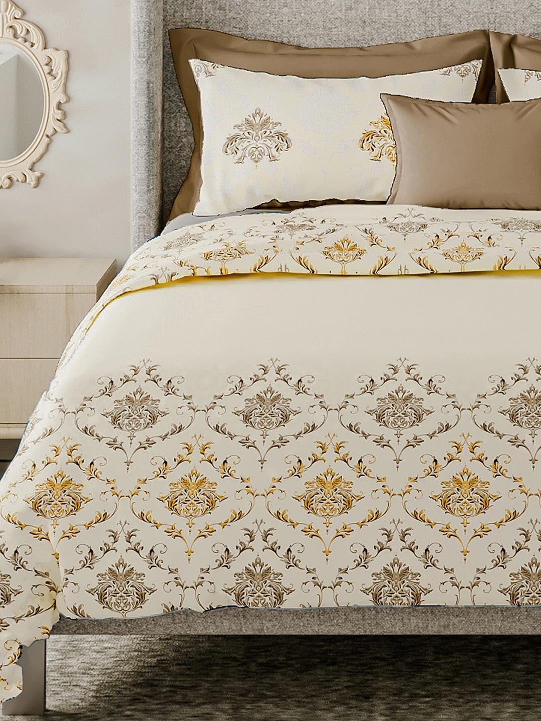 LABHAM Cream-Coloured & Brown Ethnic Motifs Cotton 180 TC King Bedsheet & 2 Pillow Covers - Distacart