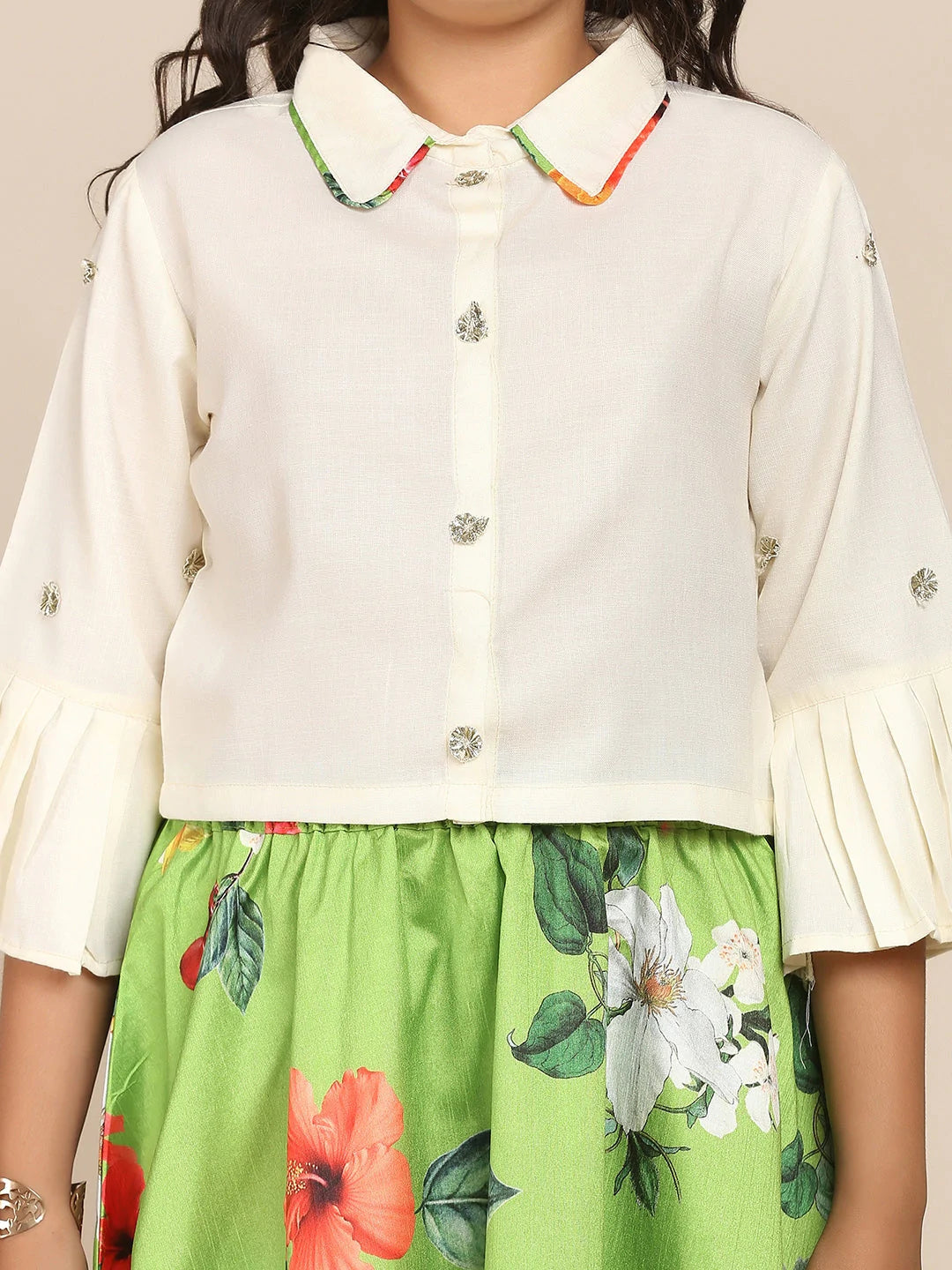 NOZ2TOZ Lime Green & White Floral Printed Ready To Wear Lehenga Choli For Girls - Distacart