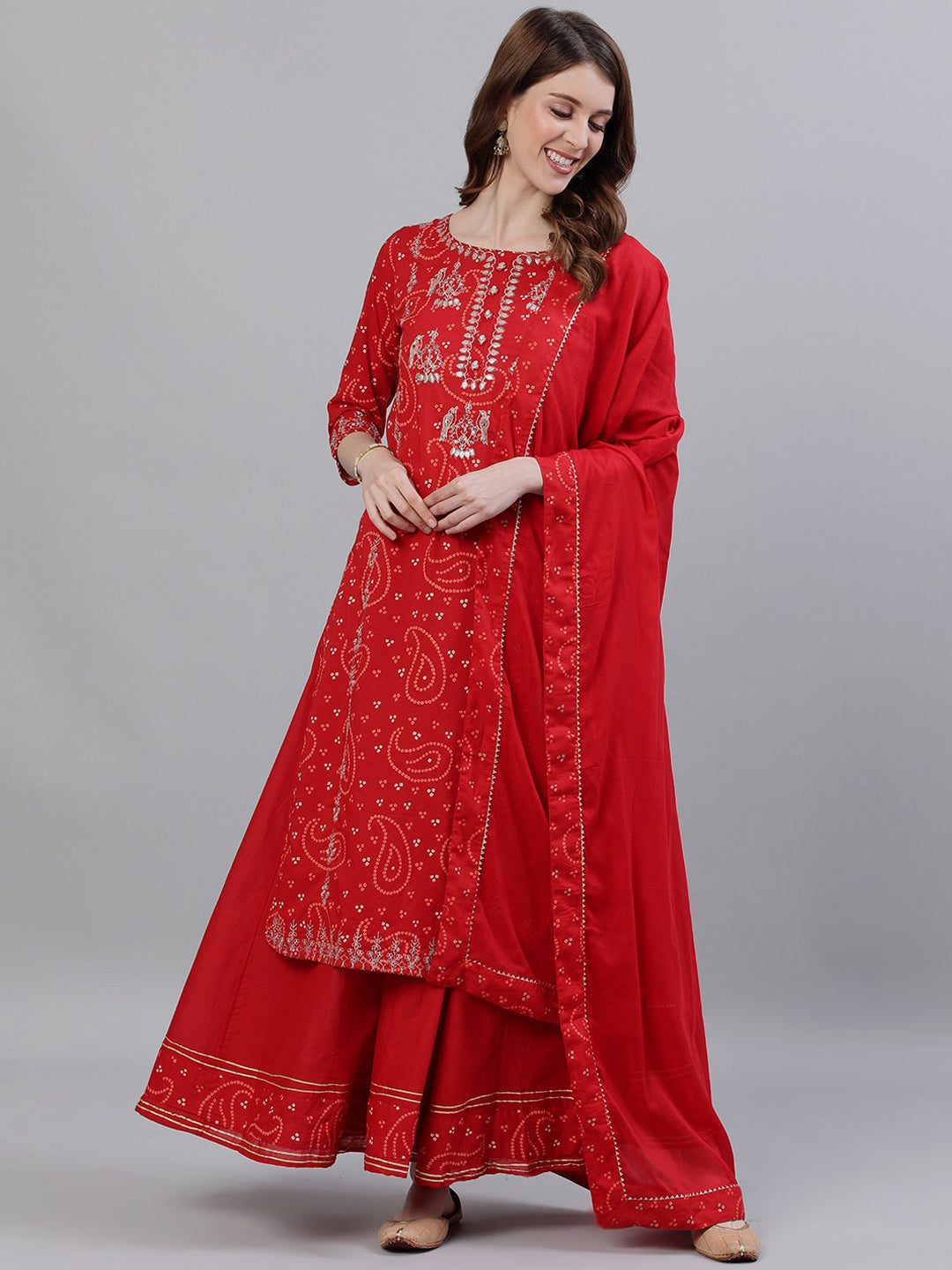 Ishin Women Red Embroidered Kurta with Sharara & Dupatta - Distacart