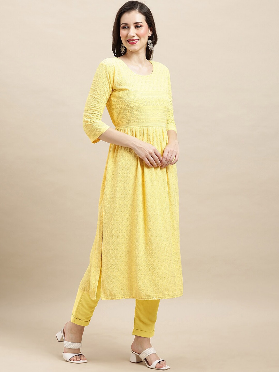 Sangria Yellow Ethnic Motifs Embroidered Chikankari A-Line Kurta - Distacart