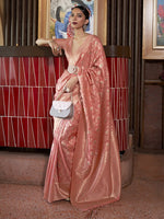 Thumbnail for Mitera Pink & Gold-Toned Woven Design Zari Silk Blend Banarasi Saree - Distacart