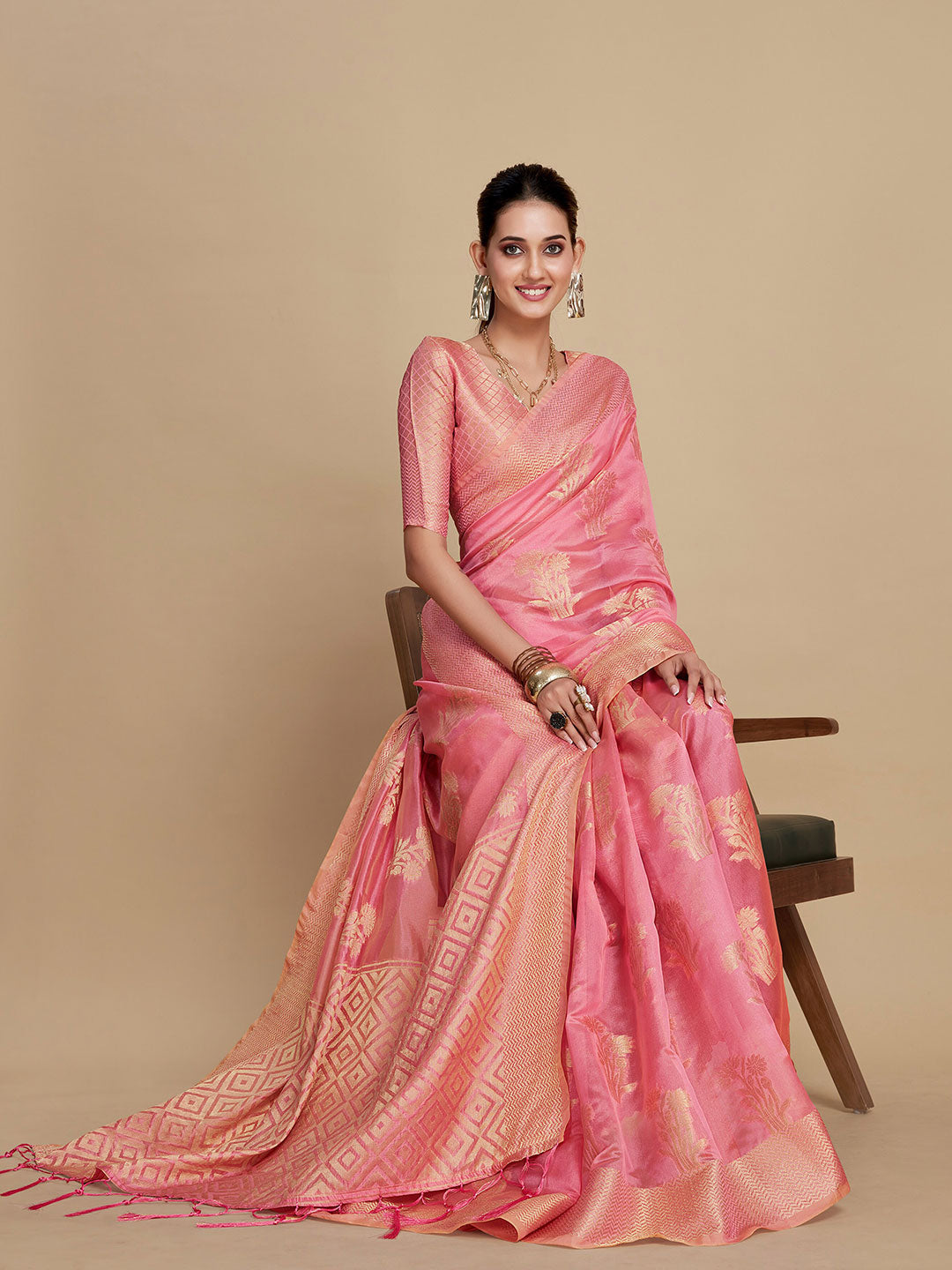 Sangria Pink Woven Design Organza Saree - Distacart