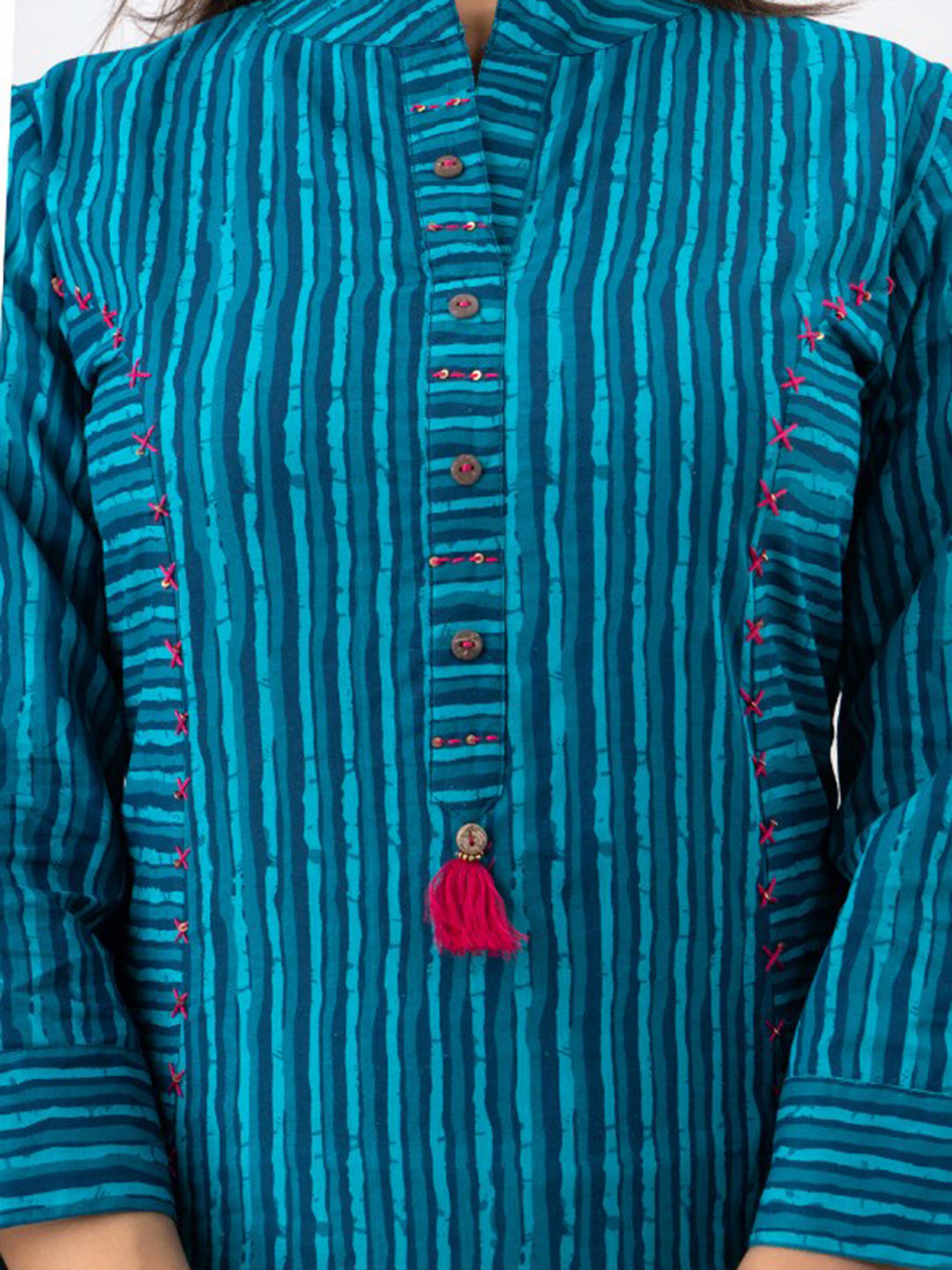 Kalini Women Turquoise Blue & Pink Striped Cotton A-line Kurta - Distacart
