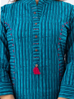 Thumbnail for Kalini Women Turquoise Blue & Pink Striped Cotton A-line Kurta - Distacart