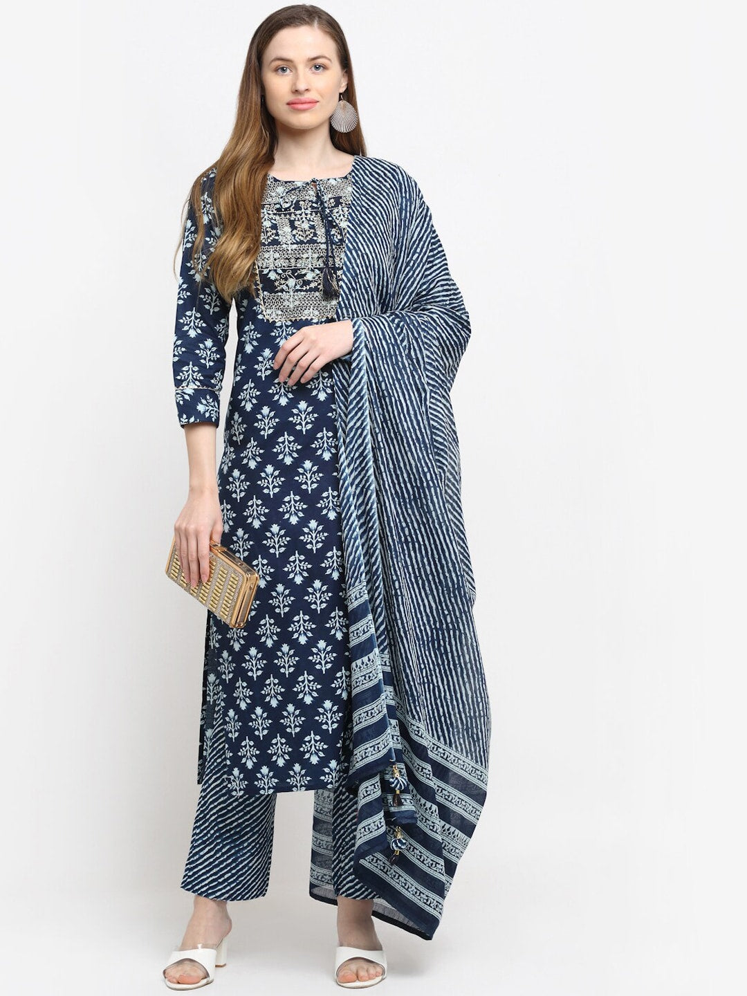 Kalini Women Navy Blue Ethnic Motifs Printed Pure Cotton Kurta with Trousers & Dupatta - Distacart
