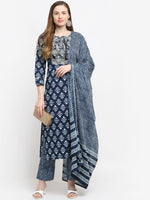 Thumbnail for Kalini Women Navy Blue Ethnic Motifs Printed Pure Cotton Kurta with Trousers & Dupatta - Distacart
