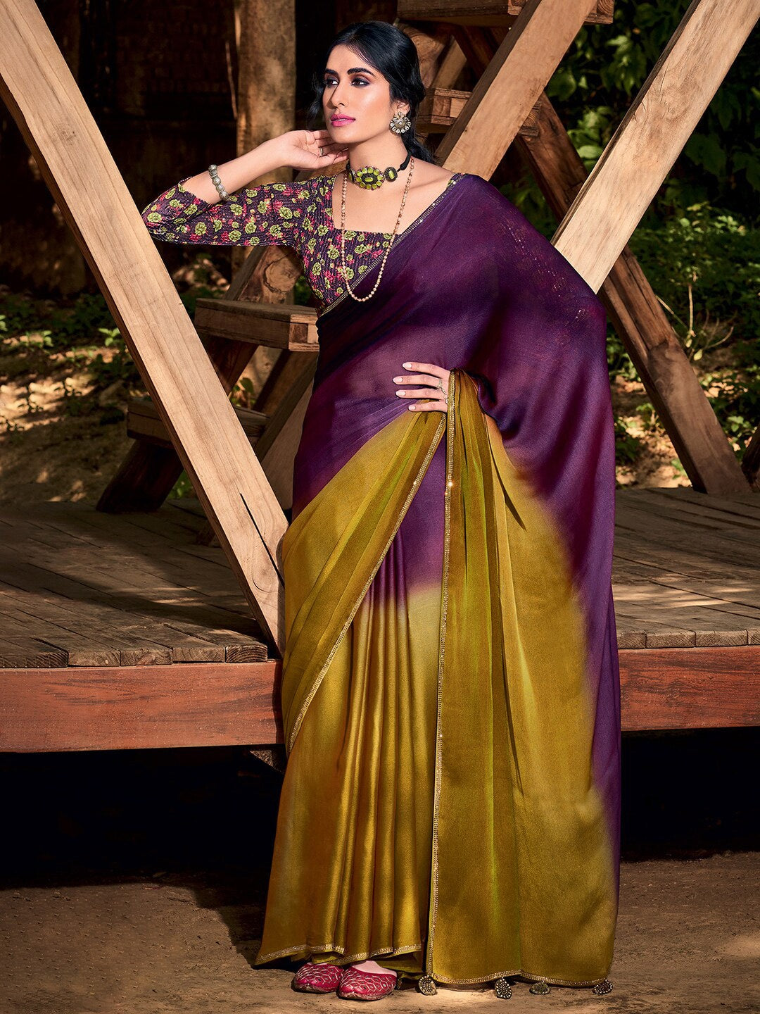 Saree Mall Purple & Beige Ombre Embroidered Sarees - Distacart