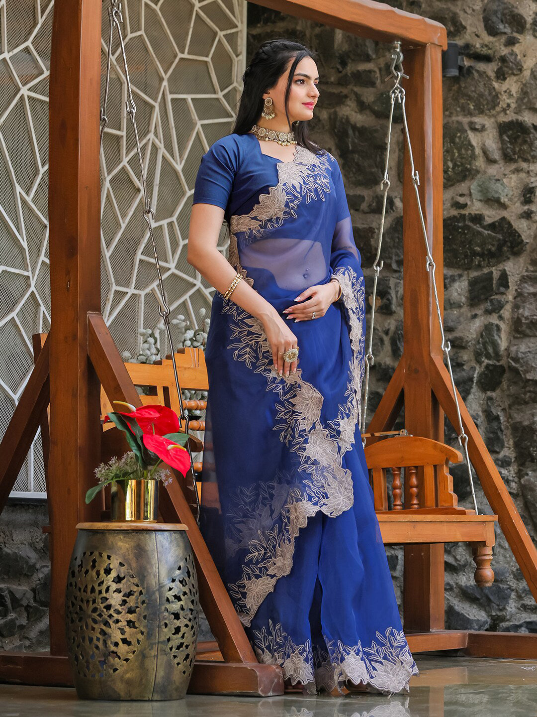 Tikhi Imli Blue Embroidered Organza Saree - Distacart