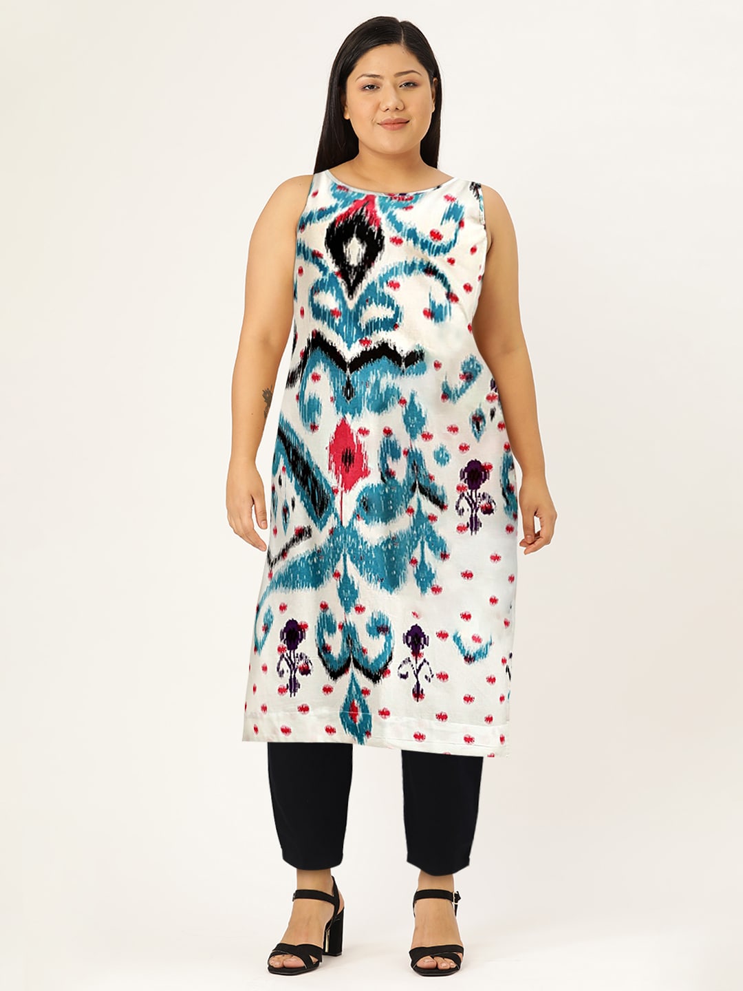Sangria Women White & Blue Pure Cotton Ethnic Motifs Printed Straight Kurta - Distacart