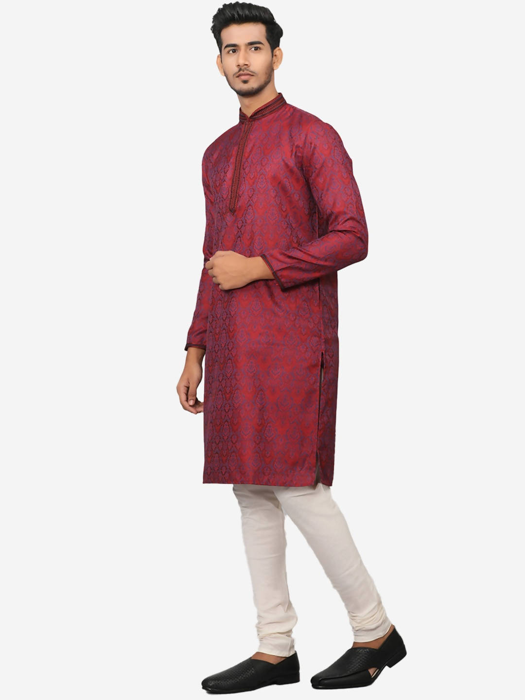 Manyavar Men Maroon & Navy Blue Self Design Kurta with Churidar - Distacart
