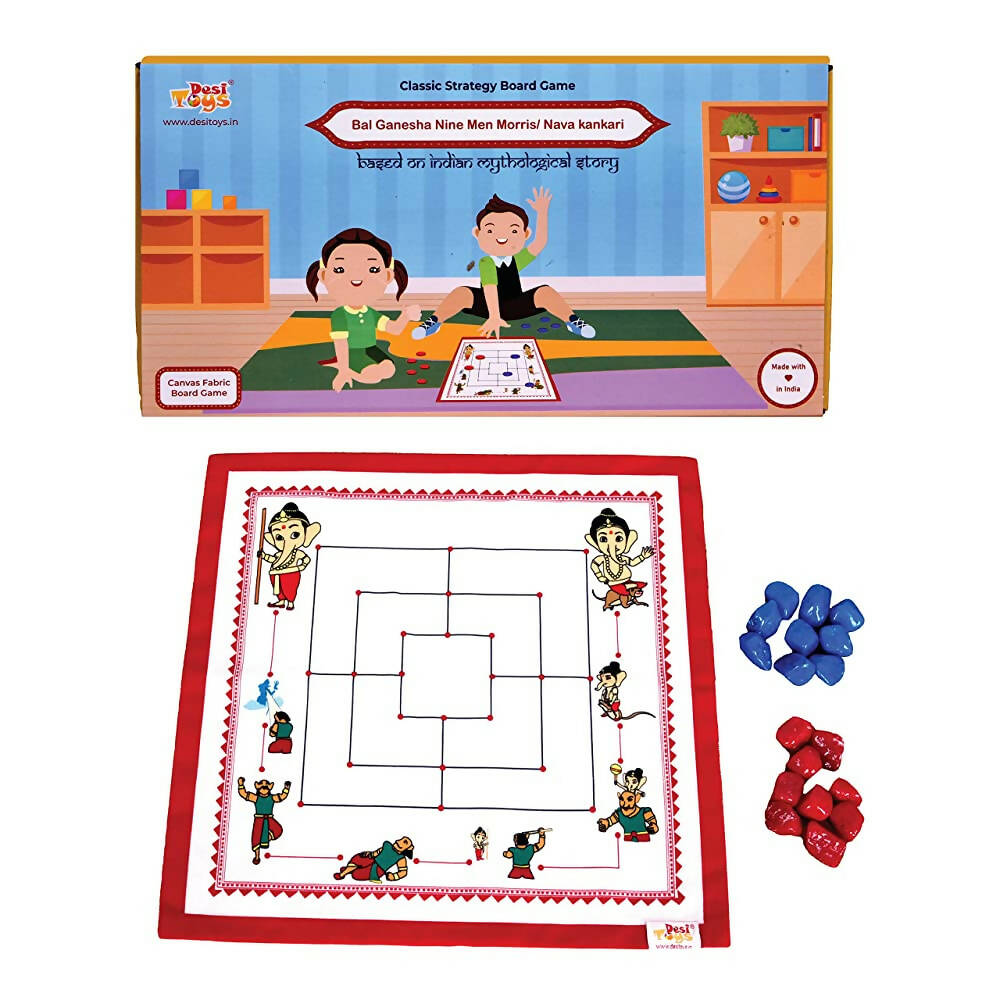 Desi Toys Bal Ganesha Nine Men Morris/ Navakankari, Classic Strategy Board Game with Canvas Fabric Board, Based on Indian Mythological Story - Distacart
