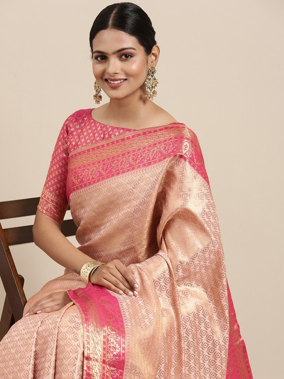 Saree Mall Peach-Coloured Ethnic Motifs Zari Silk Blend Banarasi Sarees - Distacart