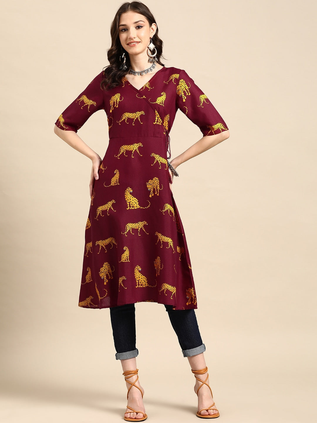 Sangria Animal Print Angrakha Kurta - Distacart