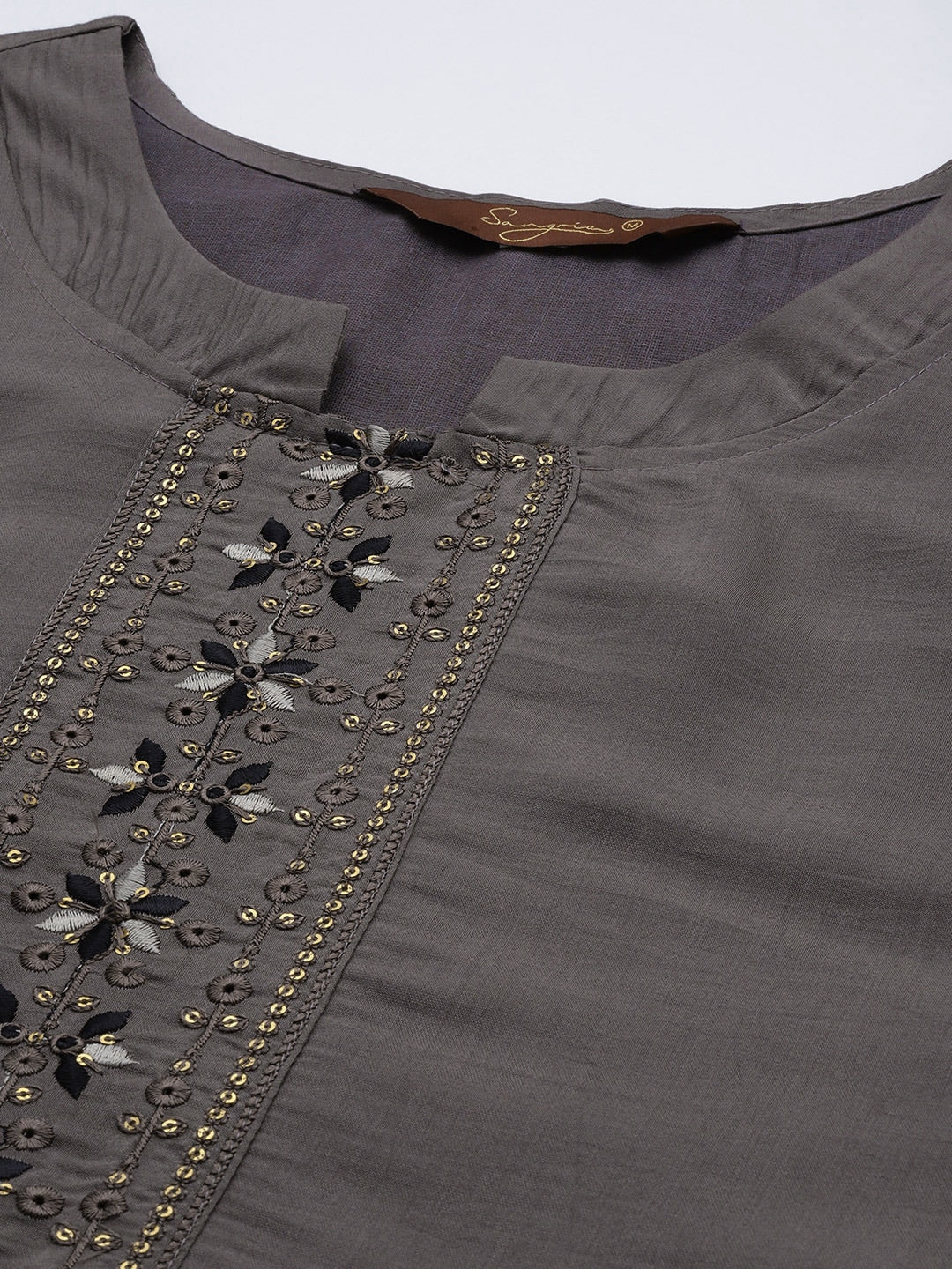 Sangria Women Grey Ethnic Motifs Embroidered Pure Cotton Kurta with Trousers & With Dupatta - Distacart